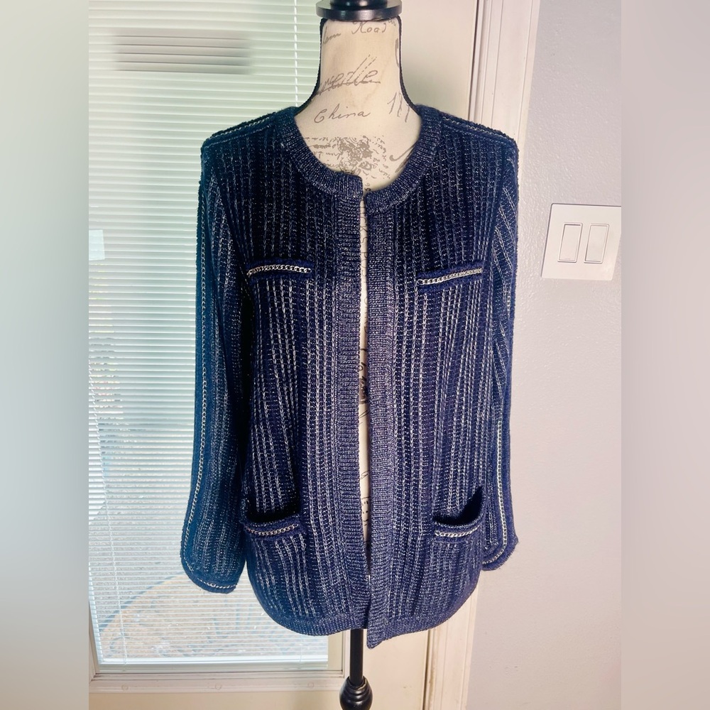 Express Midnight Blue Metallic Striped Chain Trim Cardigan Shacket Sweater Sz M